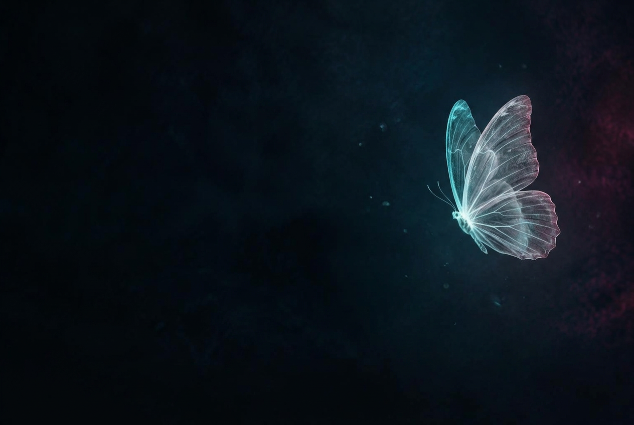 A luminous butterfly drifting in soft cyan light
