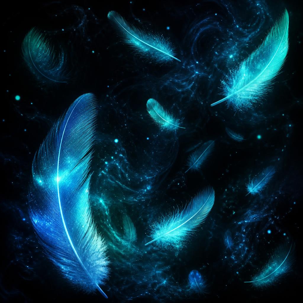 Glowing feathers drifting through dark mist