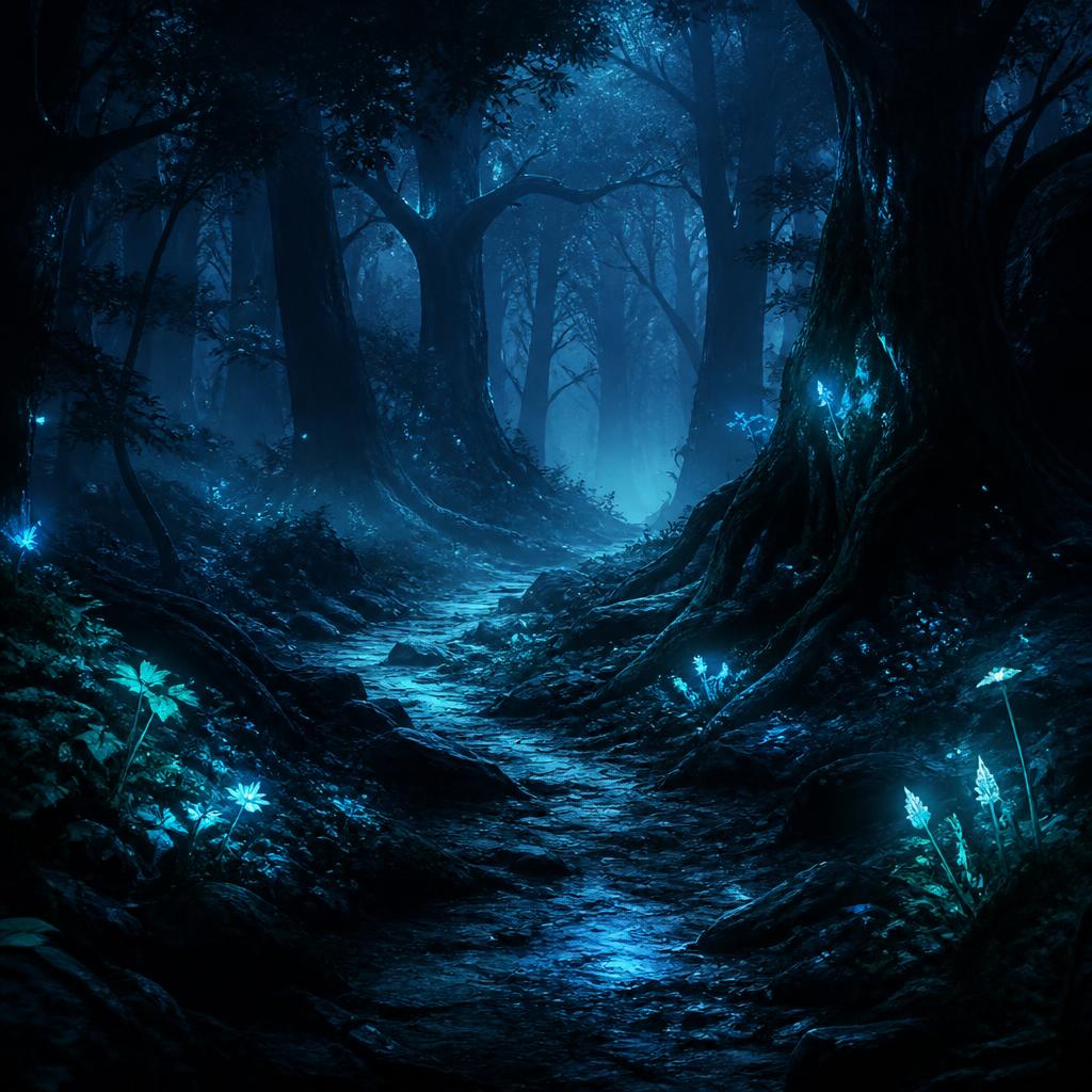 A luminous path through a bioluminescent forest