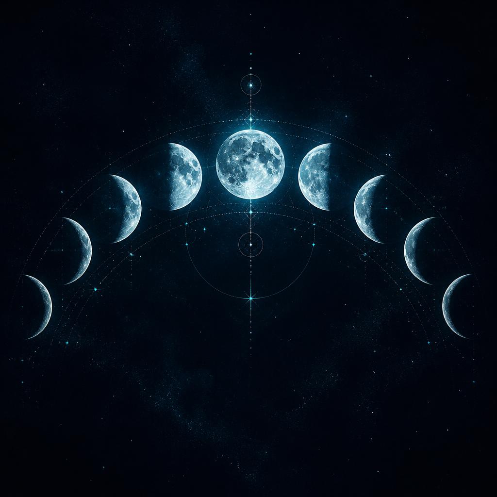 Moon phases glowing against deep space